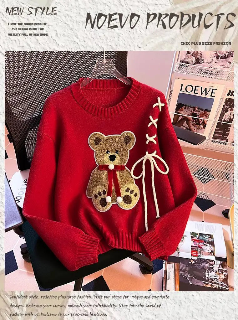 Pullover da donna – Maglione girocollo con orso, taglio loose knit autunno/inverno