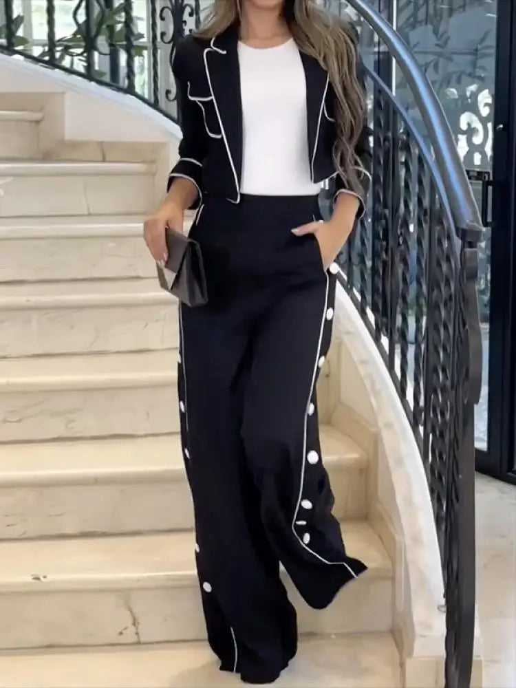 Completo Donna Elegante Blazer Cropped e Pantalone Palazzo