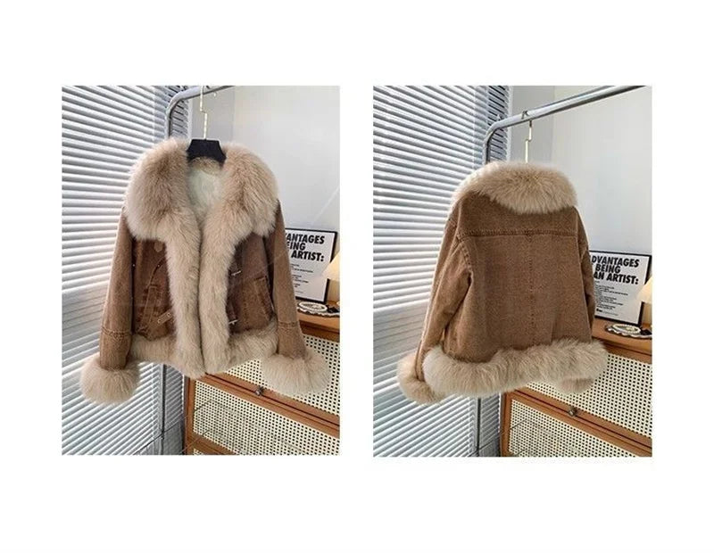 Giacca in denim con colletto in pelliccia marrone per donna – Giacca lunga a maniche lunghe, stile casual elegante per l'autunno/inverno 2025