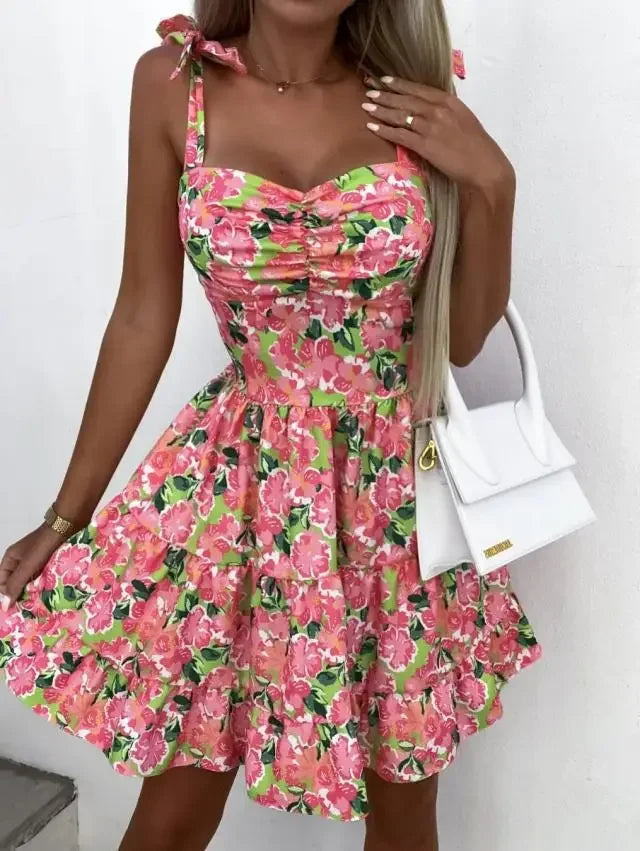 Abito mini estivo 2025 con stampa, scollo halter, spalline regolabili – Vestito donna fresco e unico