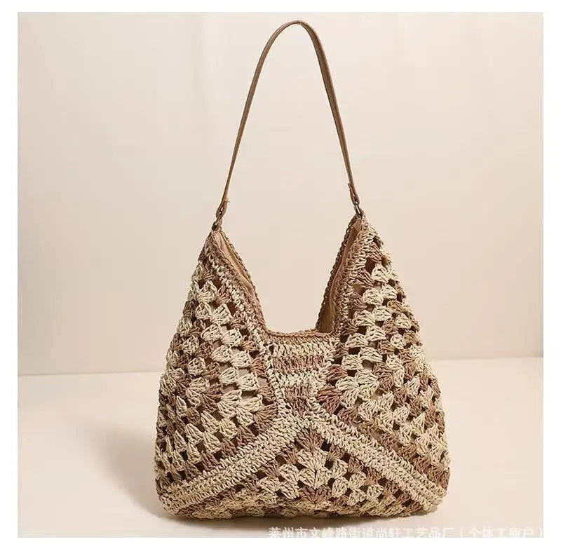Borsa in paglia intrecciata traforata – straw hollow-out shoulder bag con tasca per smartphone, ideale per viaggio e shopping