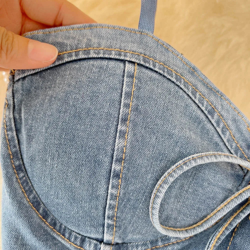 Top Denim Corsetto con Reggiseno Integrato – Crop Top Donna