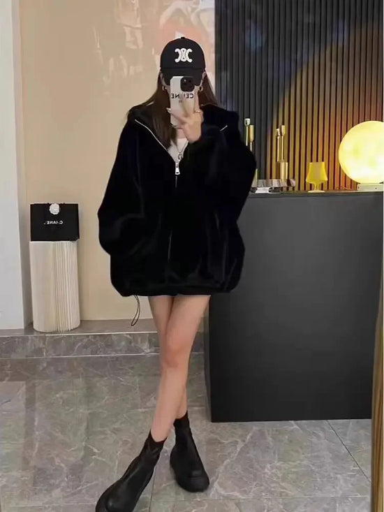 Felpa con cappuccio foderata in pile donna – Giacca casual oversize per l'autunno e l'inverno