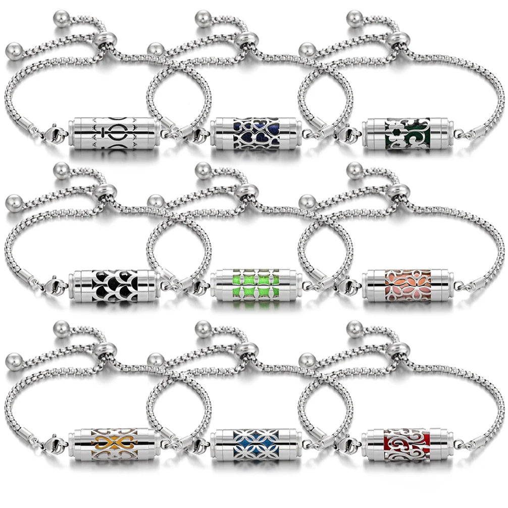 Bracciale diffusore aromaterapia argento in acciaio inox – Ciondolo profumato regolabile per oli essenziali