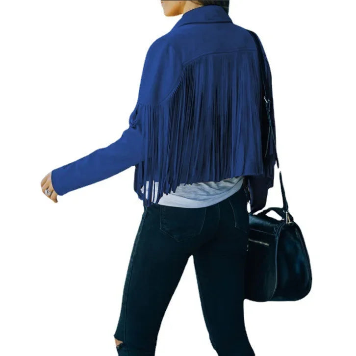 Giacca in pelle scamosciata con frange per donna – Giacca corta con colletto e maniche lunghe