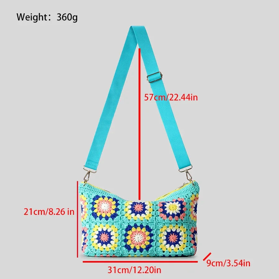 Borsa a tracolla in cotone uncinetto traforato – shoulder bag artigianale floreale con zip, stile boho