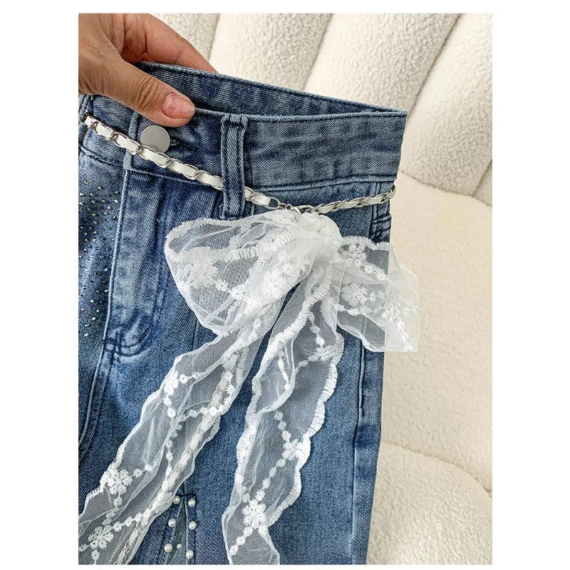 Jeans Donna Wide Leg con Pizzo, Perle e Cristalli