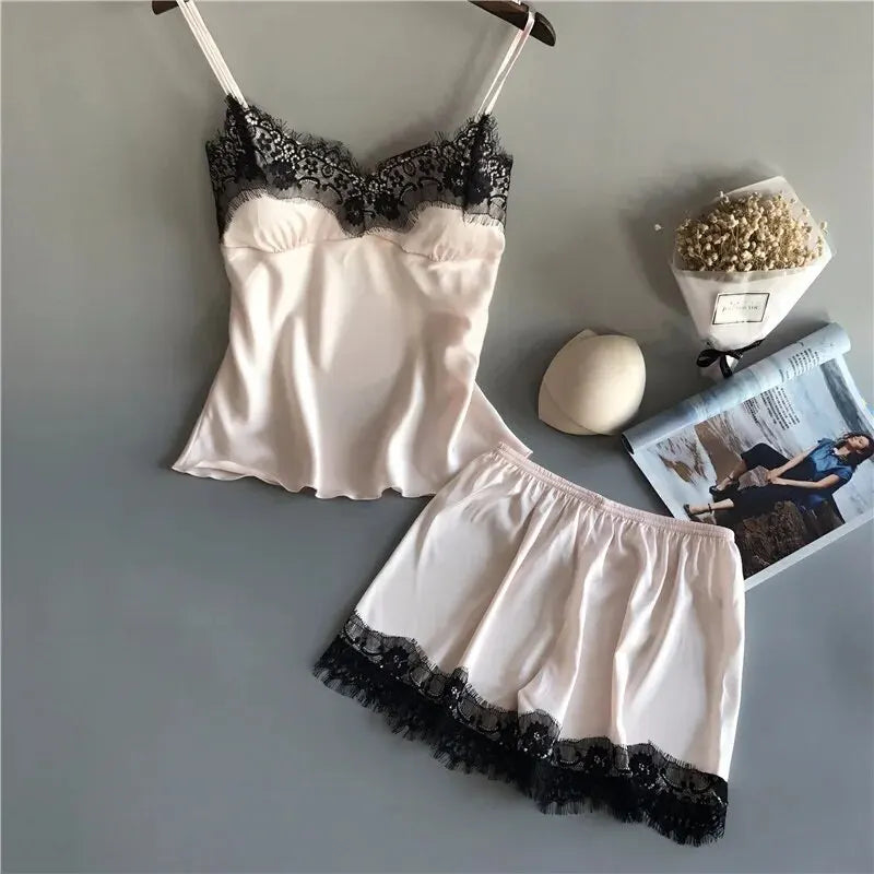 Pigiama donna sexy con pizzo | Completo due pezzi estivo in raso con pantaloncini | Pigiama elegante V-neck pizzo per dormire e sedurre