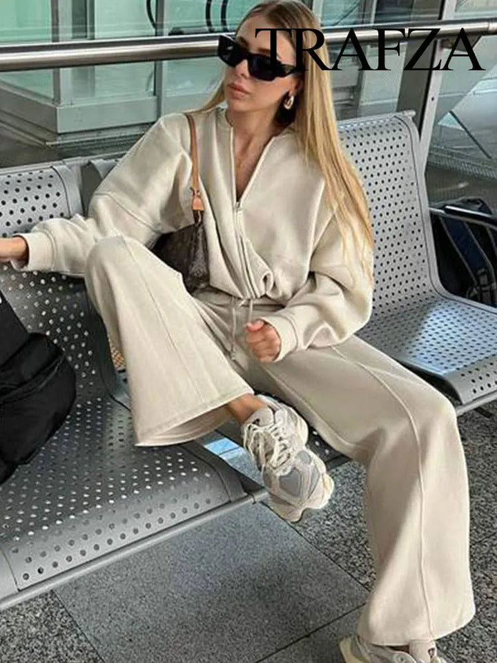 Completo donna autunnale con bomber corto e pantaloni palazzo vita alta – Outfit 2 pezzi