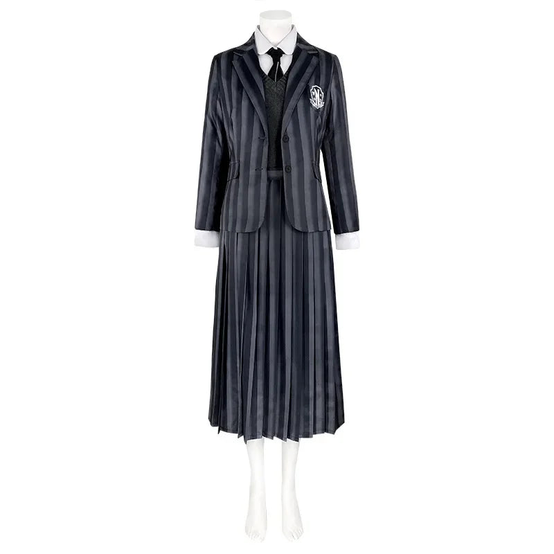 Costume università Mercoledi Addams 2025 – uniforme scolastica cosplay con giacca, gilet, gonna, perfetto per Halloween/adulti e bambini
