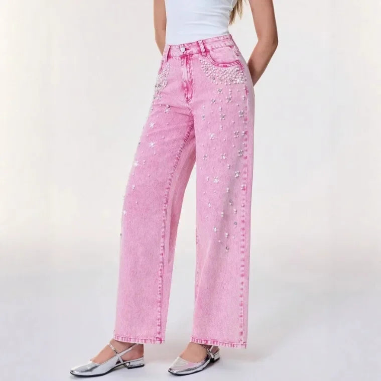 Jeans vita alta donna 2025 – denim lavaggio washed, gamba dritta con applicazioni in perle, stile trendy casual