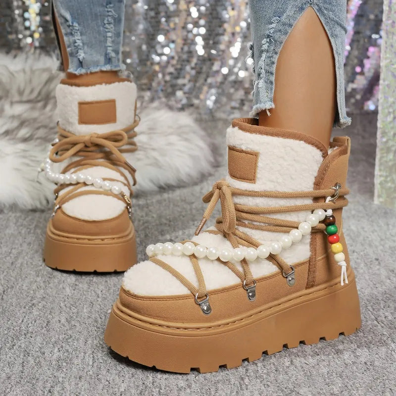 Stivali da neve donna invernali pelliccia – short boots imbottiti lamb-fur, punta tonda, stile retrò per città e montagna