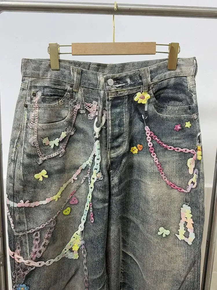 Jeans Donna Vita Alta con Stampa Catena – Denim Fashion Streetwear