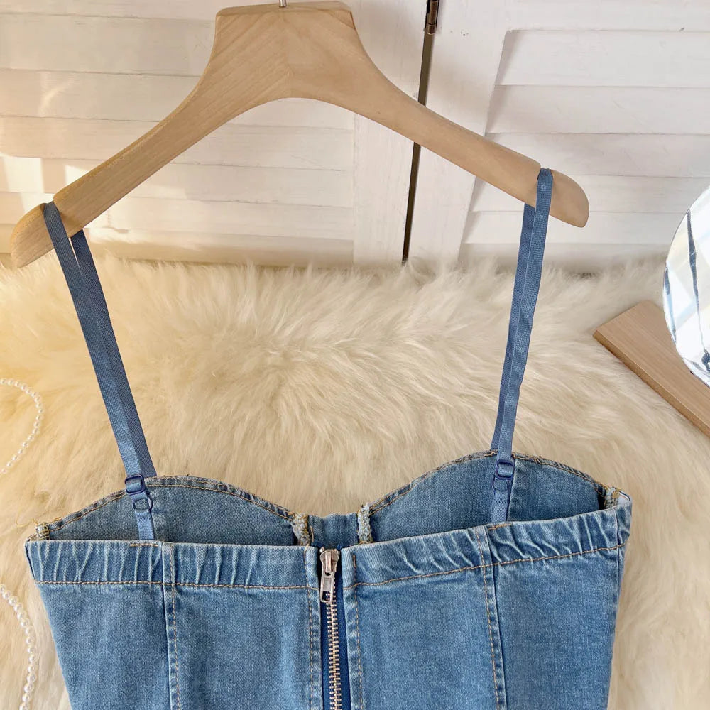 Top Denim Corsetto con Reggiseno Integrato – Crop Top Donna