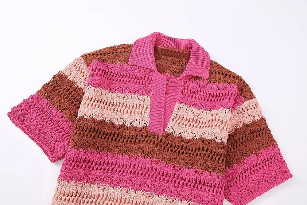 Co-ord estivo donna 2025 — Set maglia jacquard a righe con cardigan e shorts