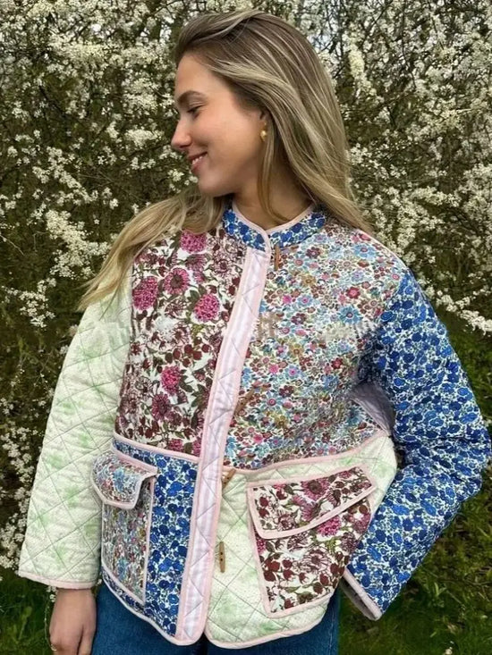 Giacca imbottita donna vintage patchwork floreale – Cappotto cotone con imbottitura, stile casual e warm streetwear