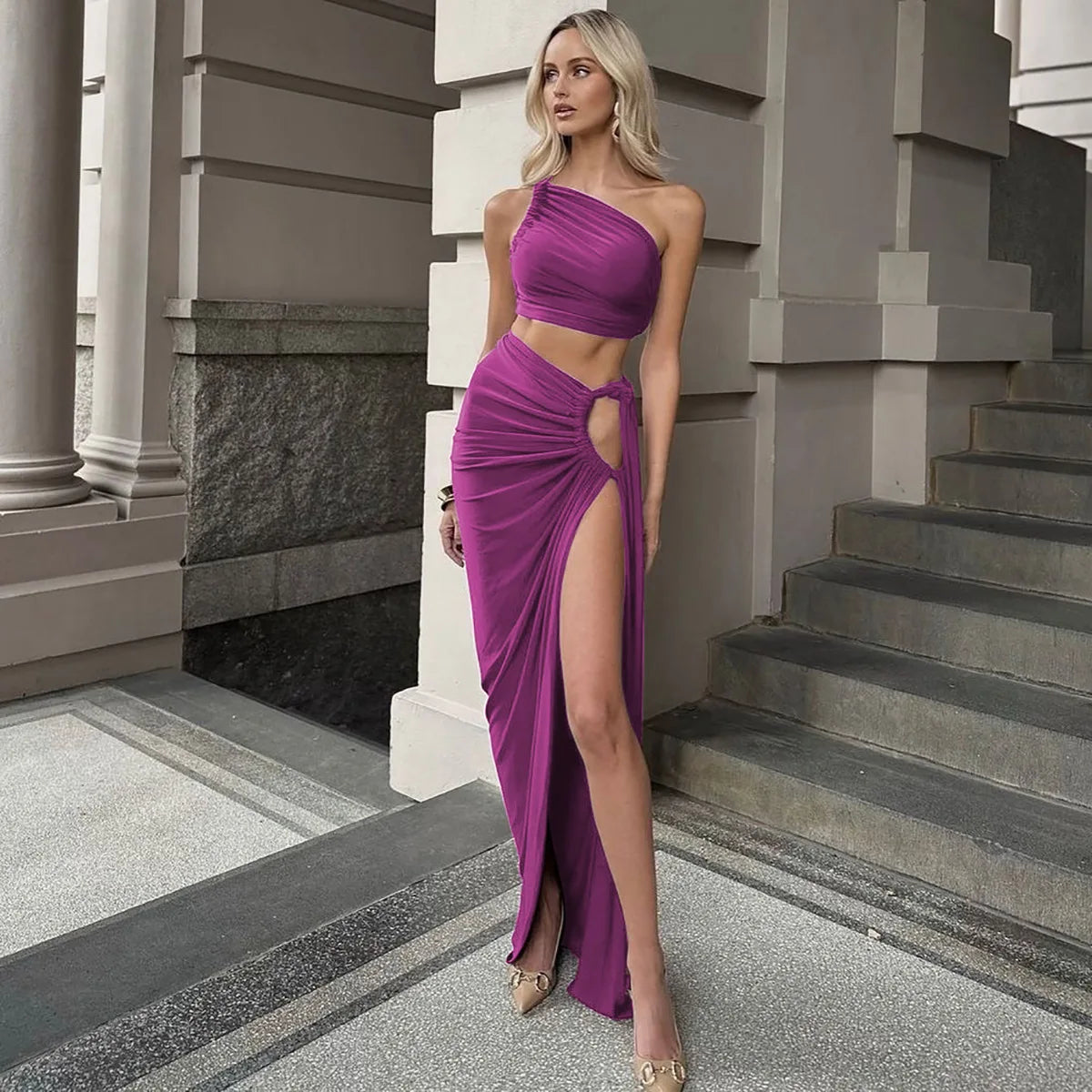 Completo 2 Pezzi Donna Estate 2025 – Top Corto Schiena Scoperta + Gonna Spacco Elegante per Party & Streetwear