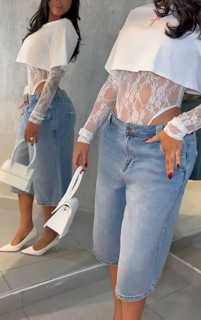 Body donna in pizzo a maniche lunghe, bianco o nero