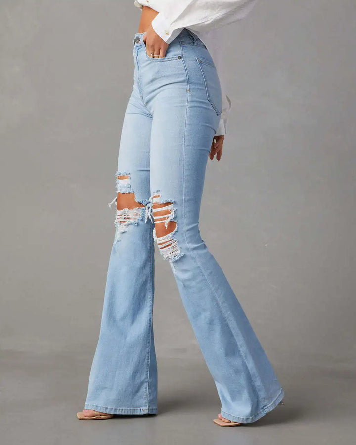 Jeans Donna Vita Alta Flare Ankle con Tasche & Strappi – Denim Loose Fit