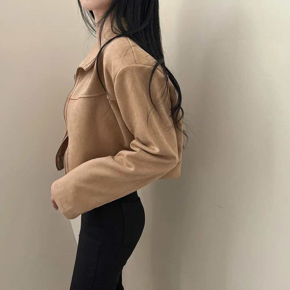 Giacca in pelle donna stile vintage – Giubbotto corto con zip, collo alla coreana, taglio slim fit, versatile e alla moda