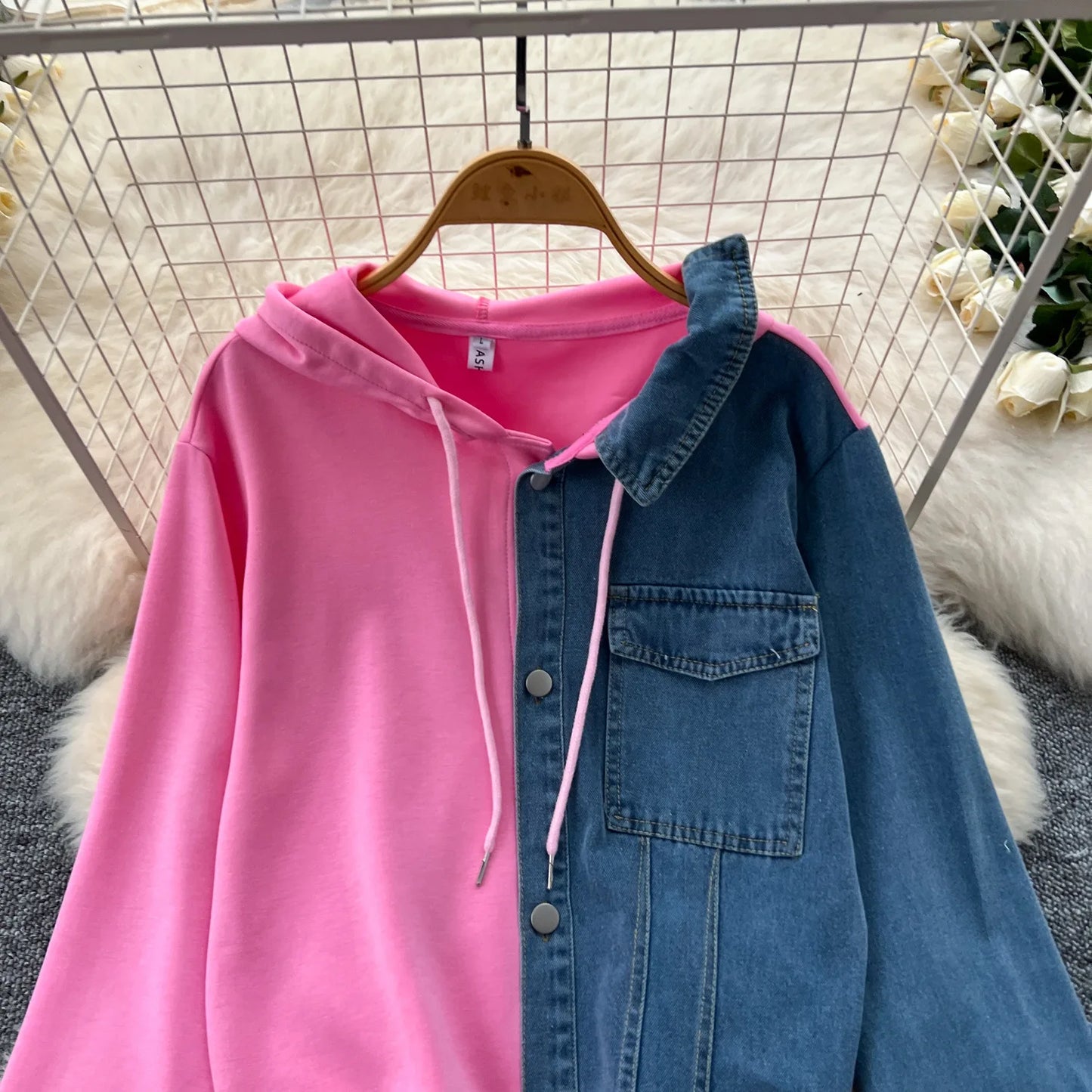 Set denim donna 2025 – completo felpa con cappuccio + pantaloni larghi elasticizzati, co-ord casual trendy