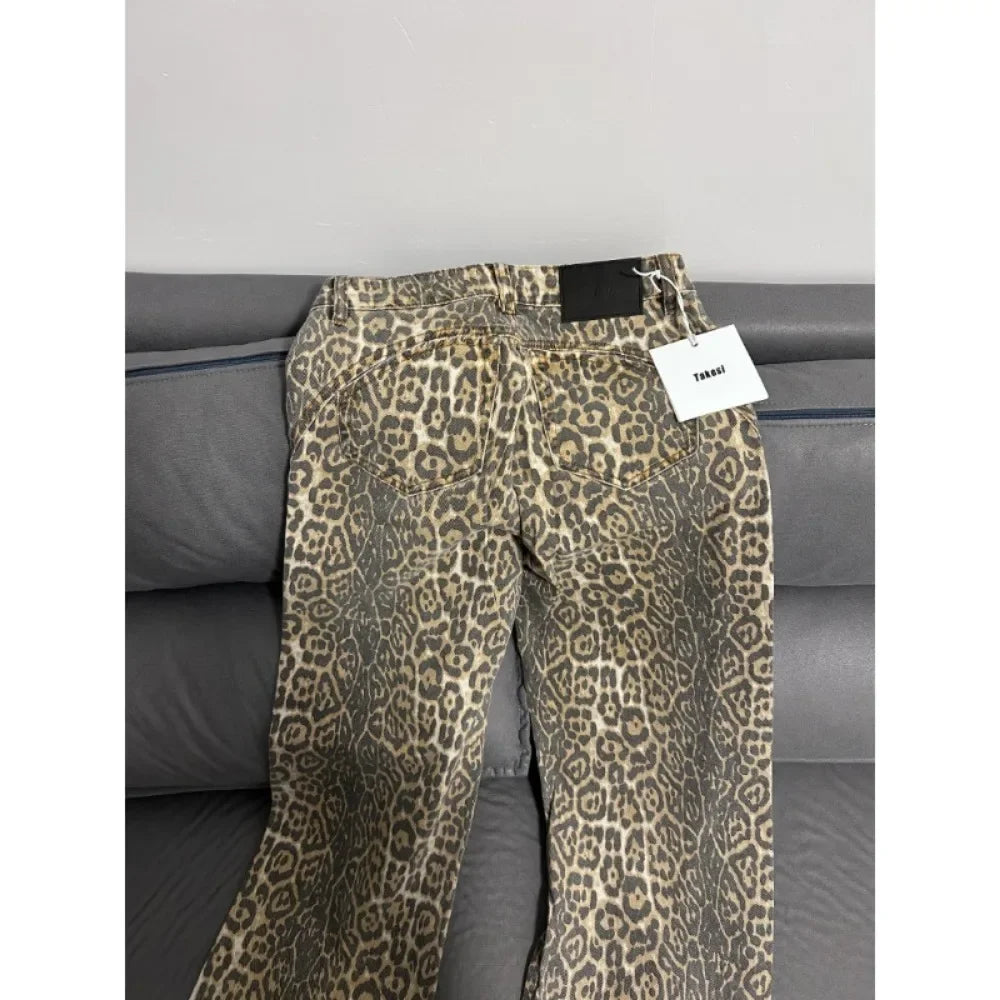 Jeans baggy vita alta leopardato donna – pantaloni oversize Y2K da strada con tasche casual