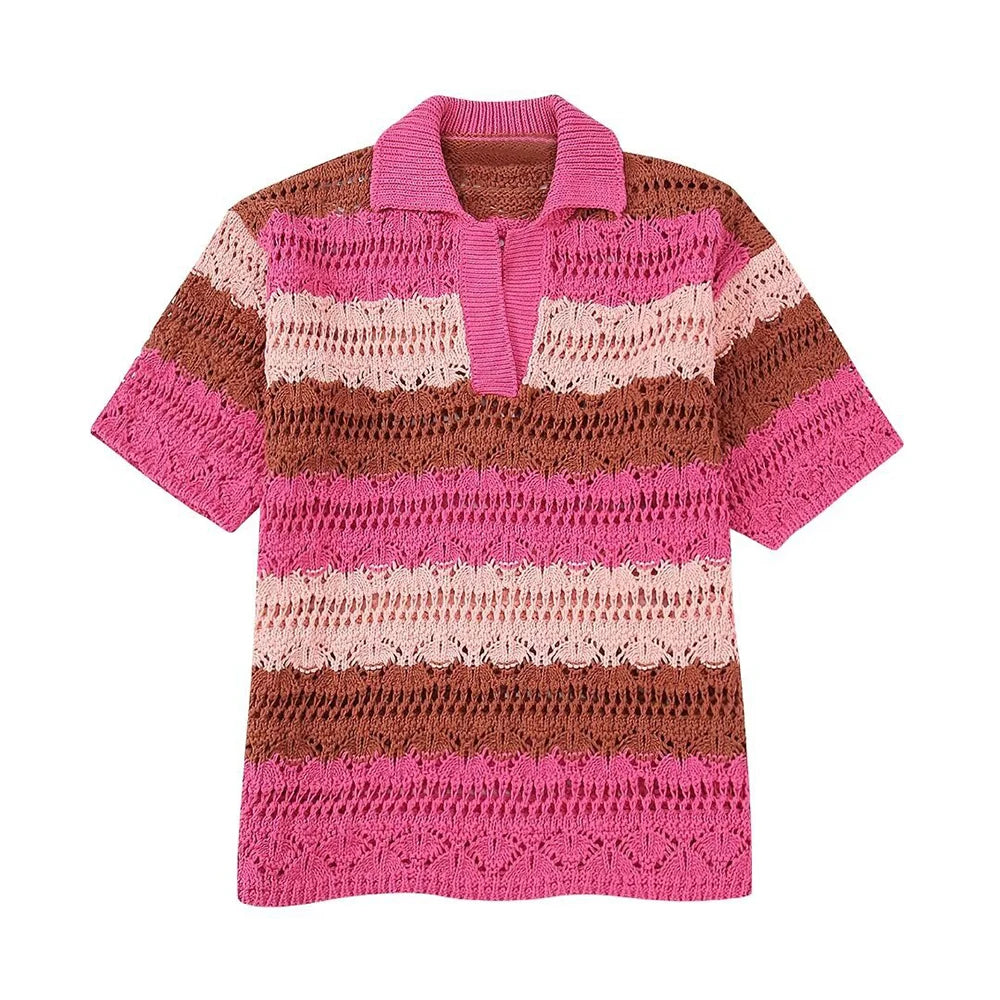 Co-ord estivo donna 2025 — Set maglia jacquard a righe con cardigan e shorts
