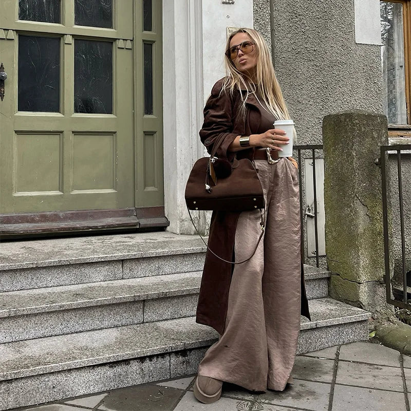 Completo donne 2025 – Pantaloni vita alta largo + body + top in coordinato con cintura inclusa