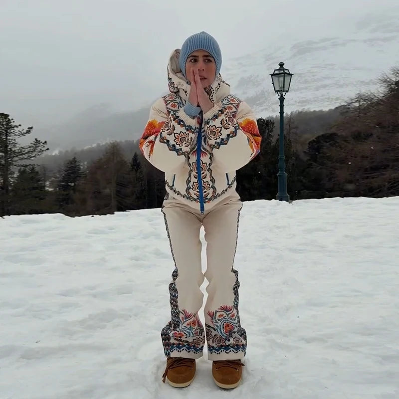 Tuta da neve donna con cappuccio, bianca o fantasia