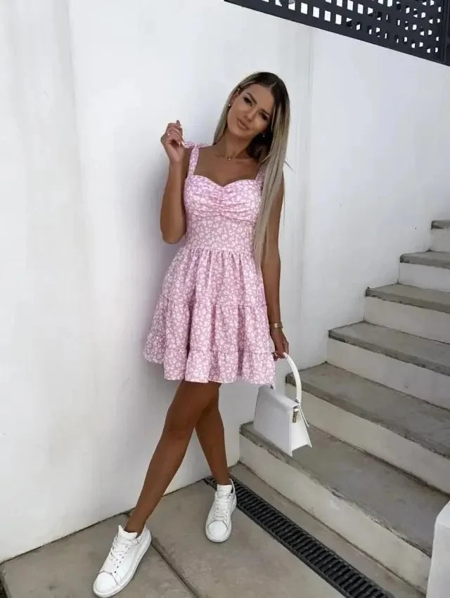 Abito mini estivo 2025 con stampa, scollo halter, spalline regolabili – Vestito donna fresco e unico