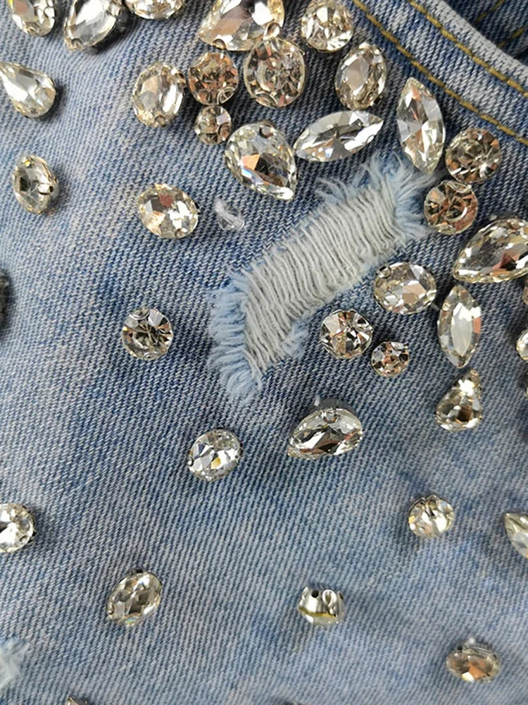 Shorts jeans donna Y2K vita alta con strass e frange – Primavera 2025