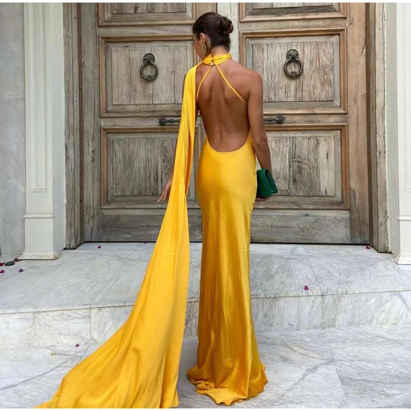 Abito da sera in raso con fiocco per donna – abito elegante schiena scoperta