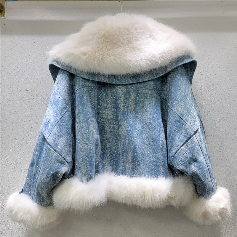 Parka imbottito donna con collo in pelliccia sintetica volpe + perline & strass – giacca elegante con beading