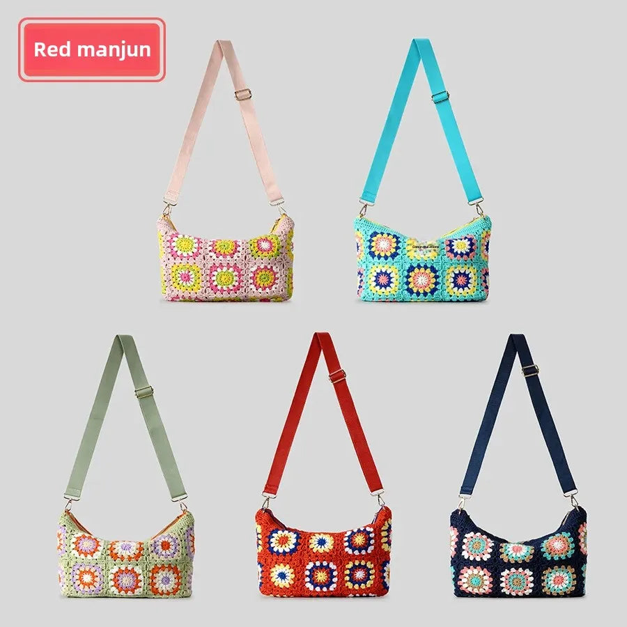 Borsa a tracolla in cotone uncinetto traforato – shoulder bag artigianale floreale con zip, stile boho