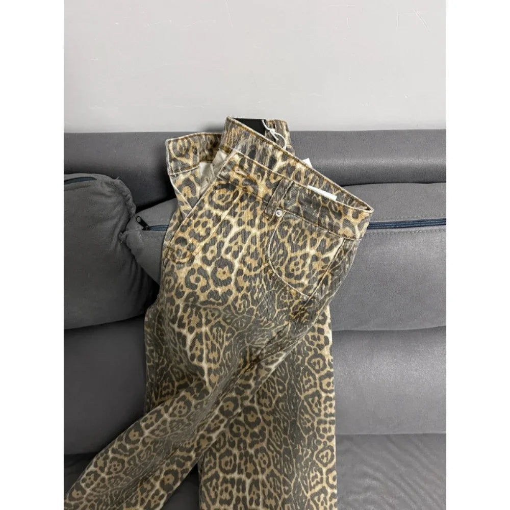 Jeans baggy vita alta leopardato donna – pantaloni oversize Y2K da strada con tasche casual 2025