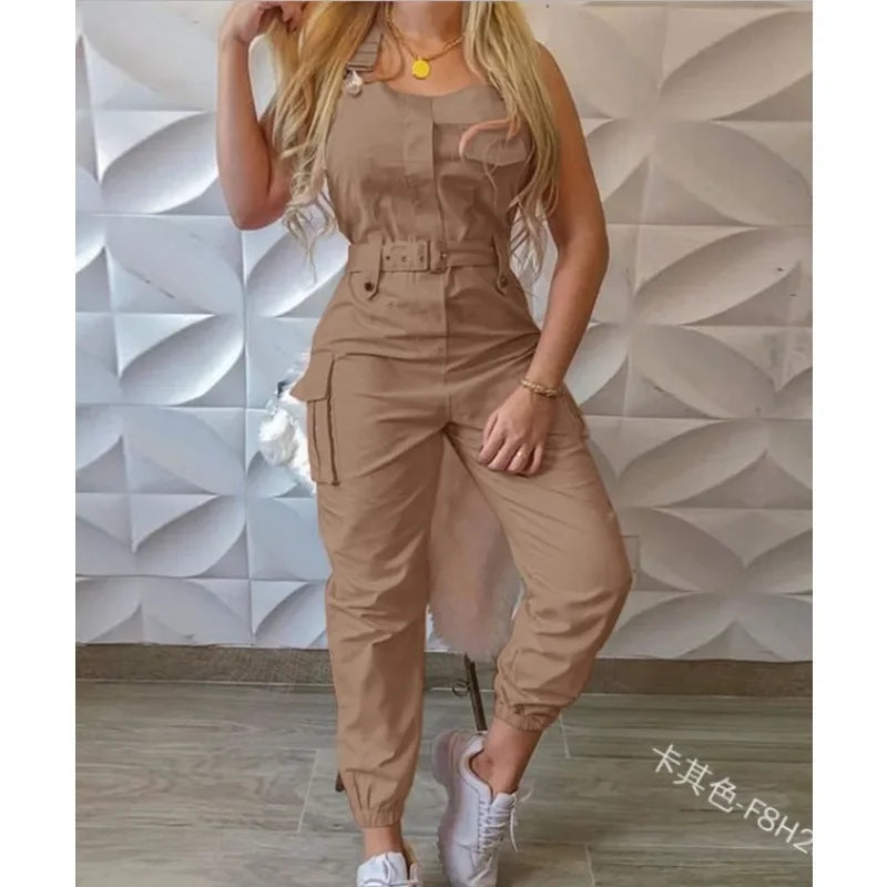 Jumpsuit cargo donna 2025 – tuta senza maniche con spalline sottili, tasche utility, look casual chic