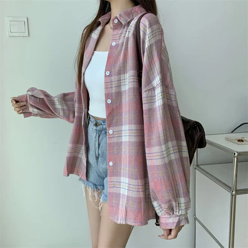 Camicia a quadri donna autunno 2025 – camicia manica lunga stile preppy vintage, taglio loose, single-breasted