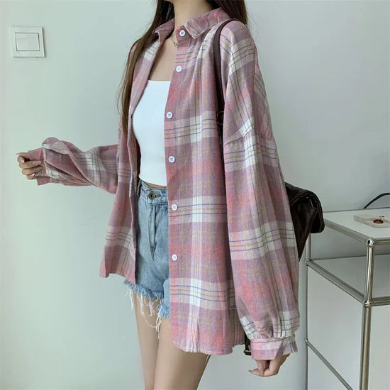 Camicia a quadri donna autunno 2025 – camicia manica lunga stile preppy vintage, taglio loose, single-breasted