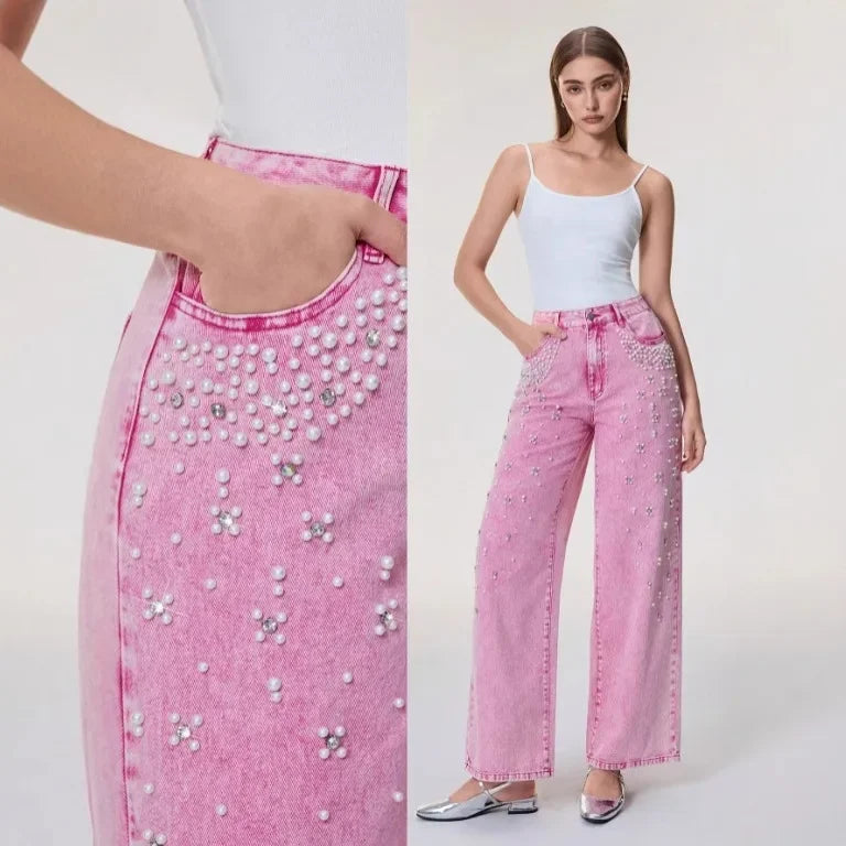 Jeans vita alta donna 2025 – denim lavaggio washed, gamba dritta con applicazioni in perle, stile trendy casual