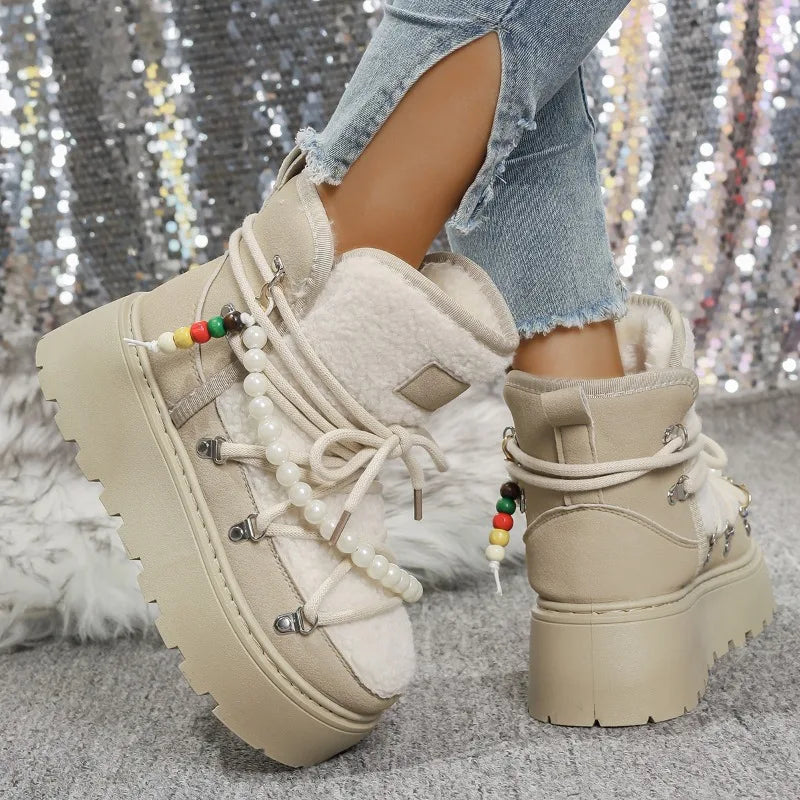 Stivali da neve donna invernali pelliccia – short boots imbottiti lamb-fur, punta tonda, stile retrò per città e montagna
