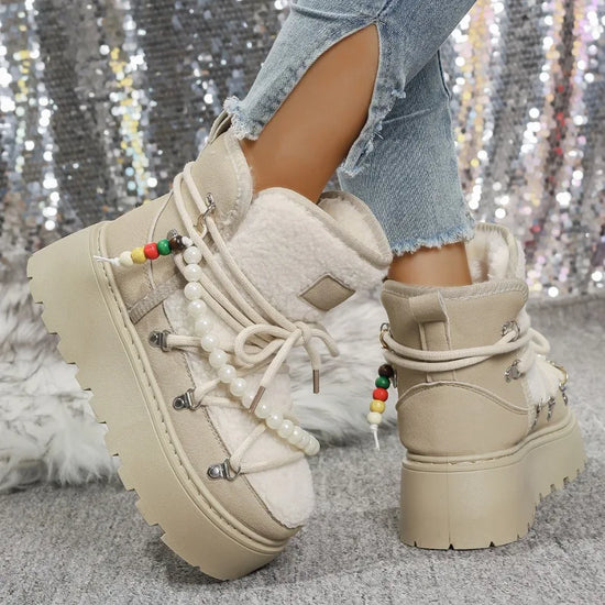 Stivali da neve donna invernali pelliccia – short boots imbottiti lamb-fur, punta tonda, stile retrò per città e montagna