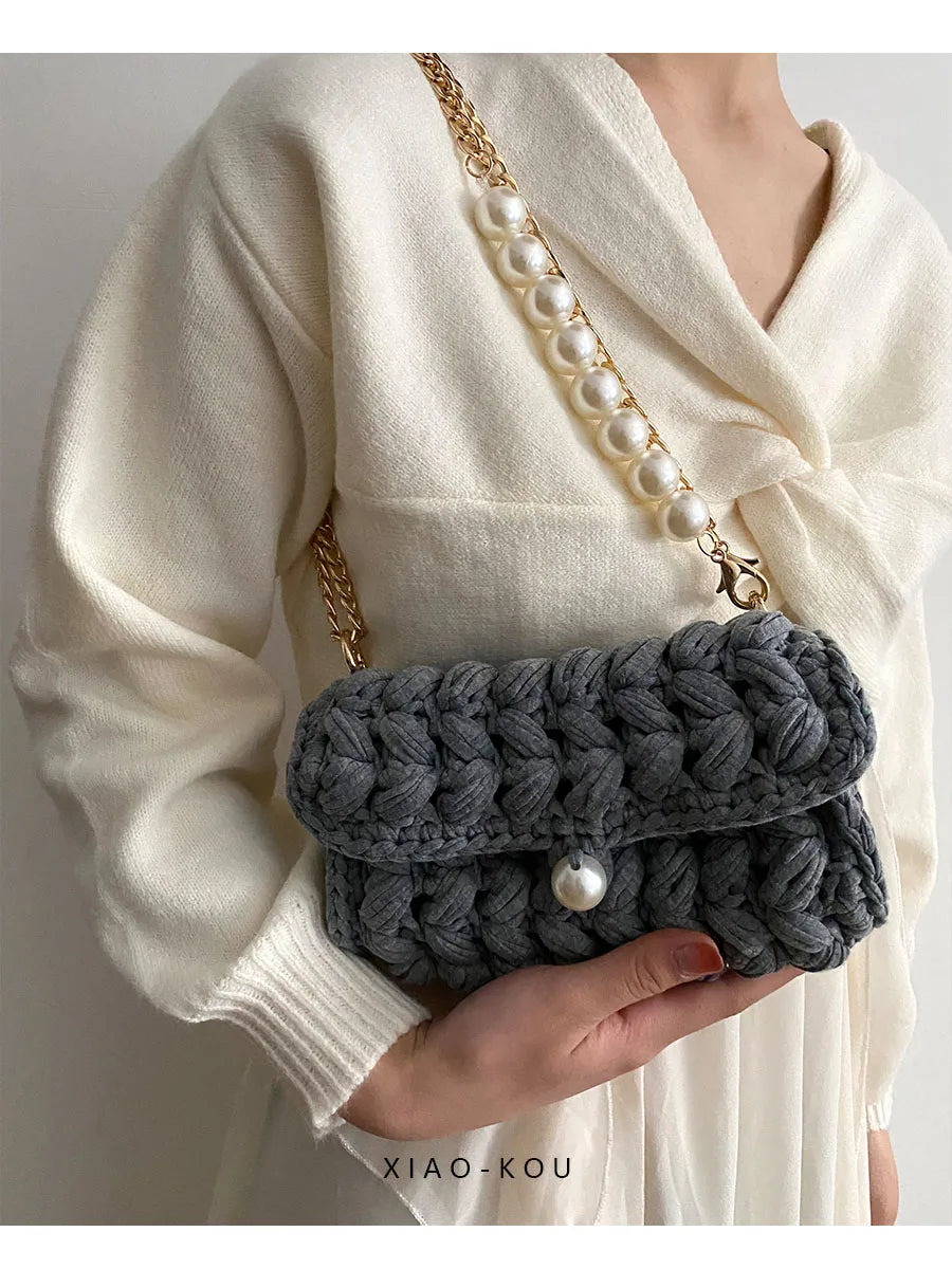 Borsa Donna Crochet a Spalla Uncinetto con Perle e Catena – Design Crossbody