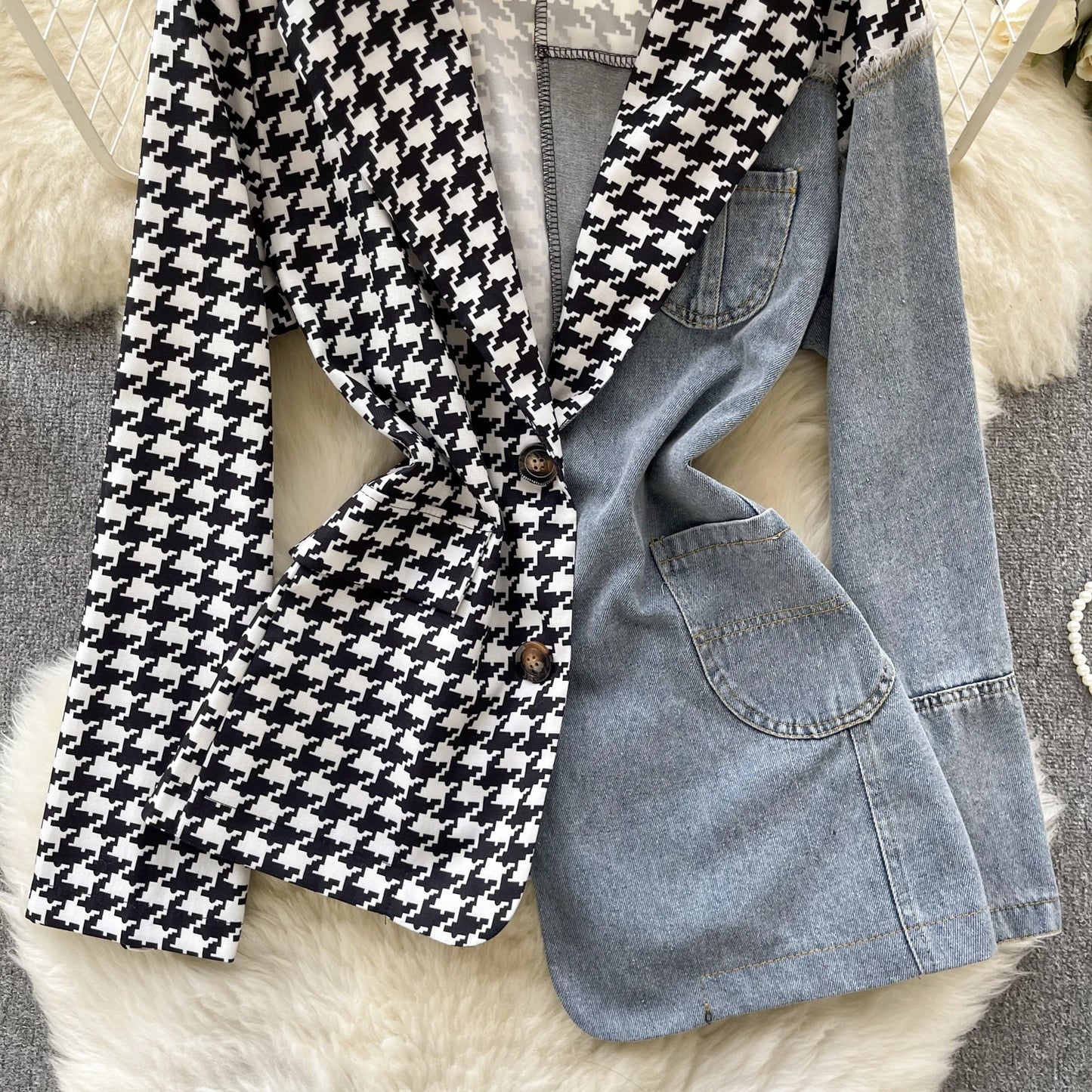 Giacca patchwork in denim con rever 2025 – blazer overshirt donna doppio bottone, vita slim, stile commuter