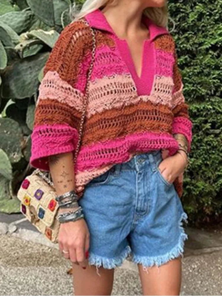 Co-ord estivo donna 2025 — Set maglia jacquard a righe con cardigan e shorts