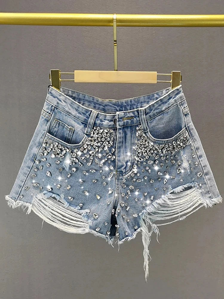 Shorts jeans donna Y2K vita alta con strass e frange – Primavera 2025