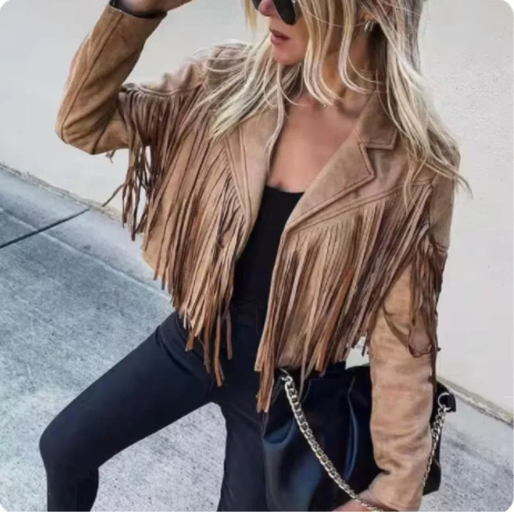 Giacca corta vintage in faux suede con frange ‒ lapel biker style graffiti hippy, giacca cropped 2025