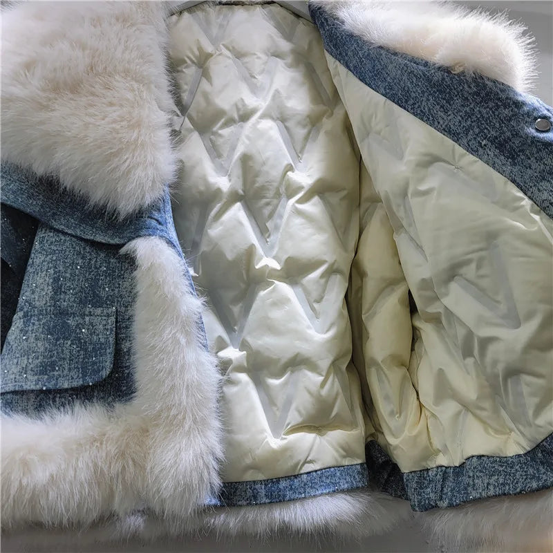 Parka imbottito donna con collo in pelliccia sintetica volpe + perline & strass – giacca elegante con beading 2025