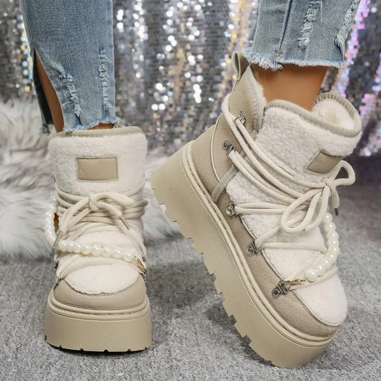 Stivali da neve donna invernali pelliccia – short boots imbottiti lamb-fur, punta tonda, stile retrò per città e montagna