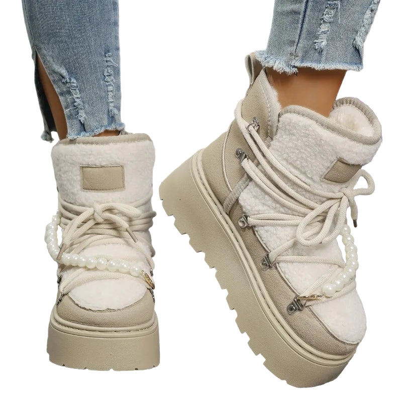 Stivali da neve donna invernali pelliccia – short boots imbottiti lamb-fur, punta tonda, stile retrò per città e montagna