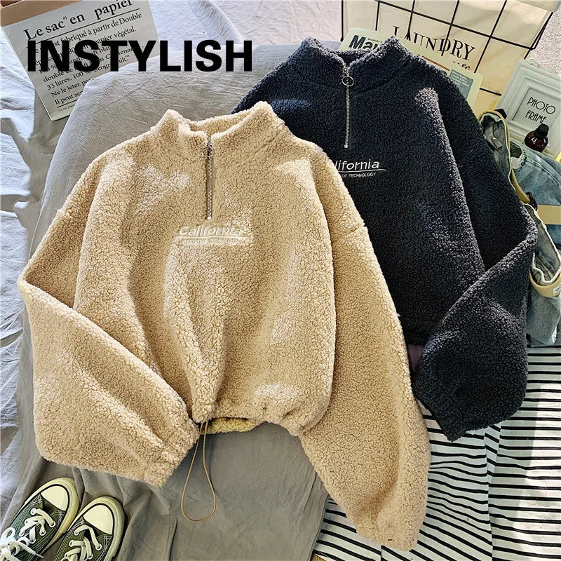Felpa donna in pile con collo alto, zip e coulisse